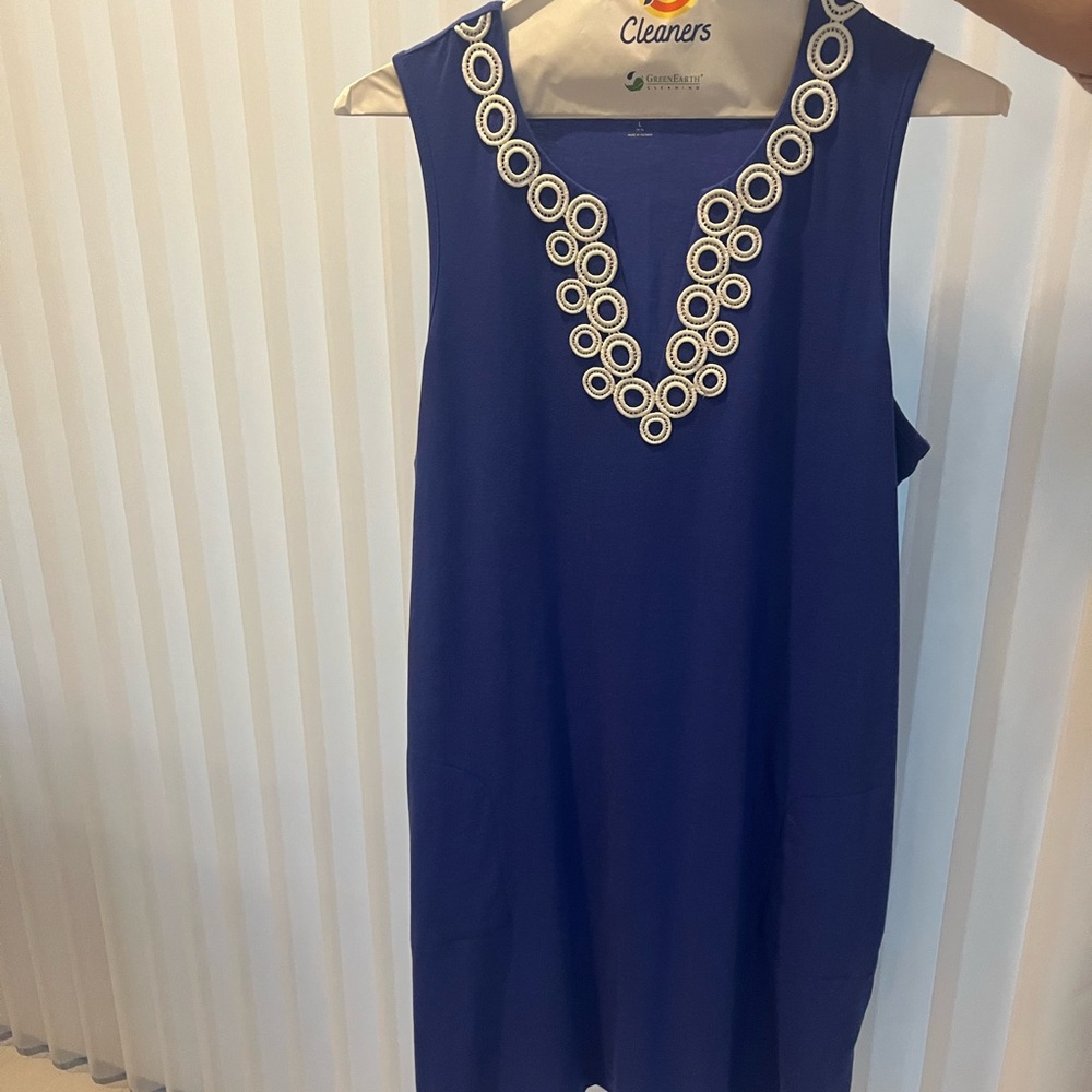 Lands End Sleeveless Blue Dress with Embellished Neckline